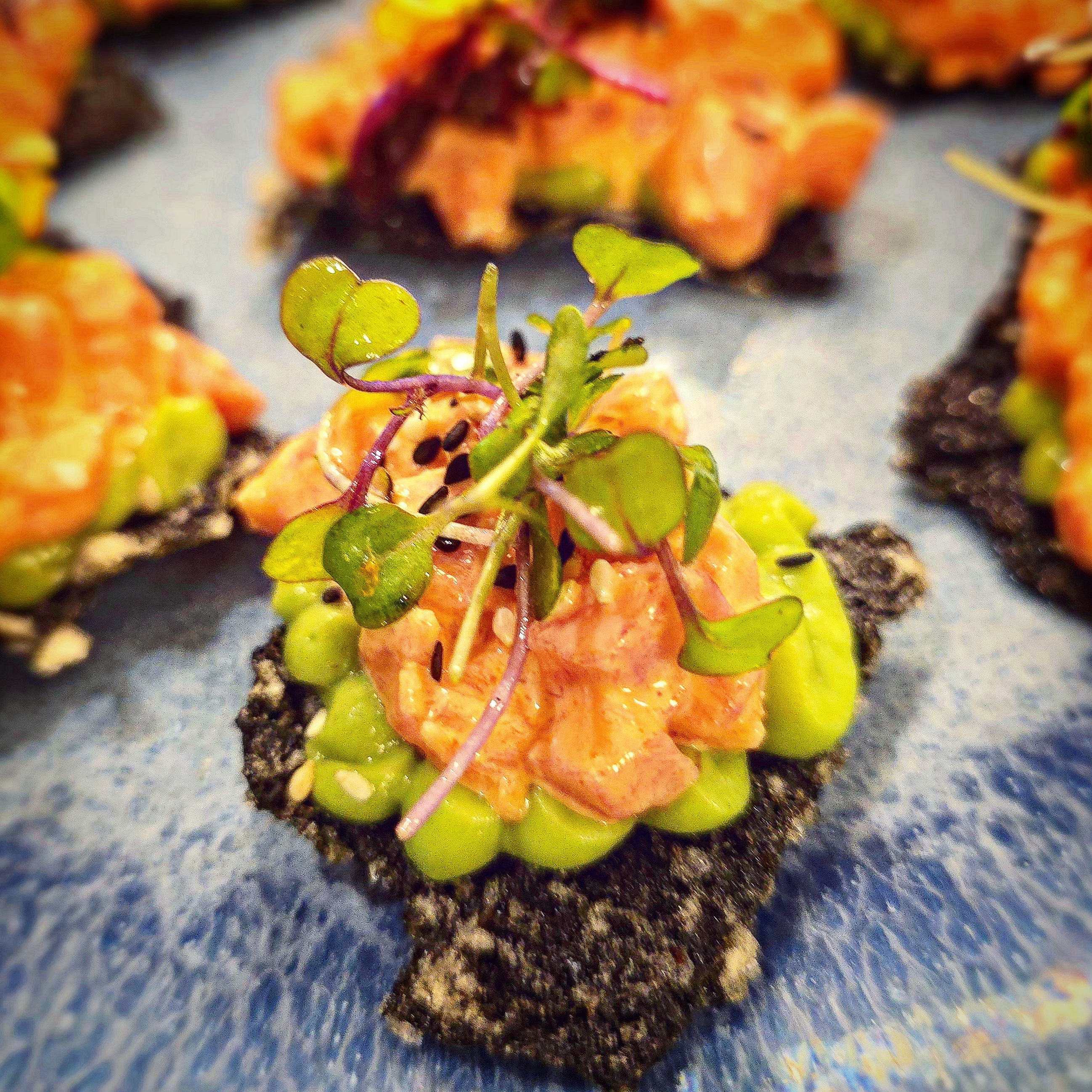 Fresh catch and cook seafood tartare with avocado and microgreens by Chef Frank in the Florida Keys